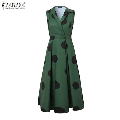 Elegant ZANZEA Polka Dot Maxi Dress displayed on a mannequin, perfect for spring and summer seasons, encapsulating classic luxury and comfort.