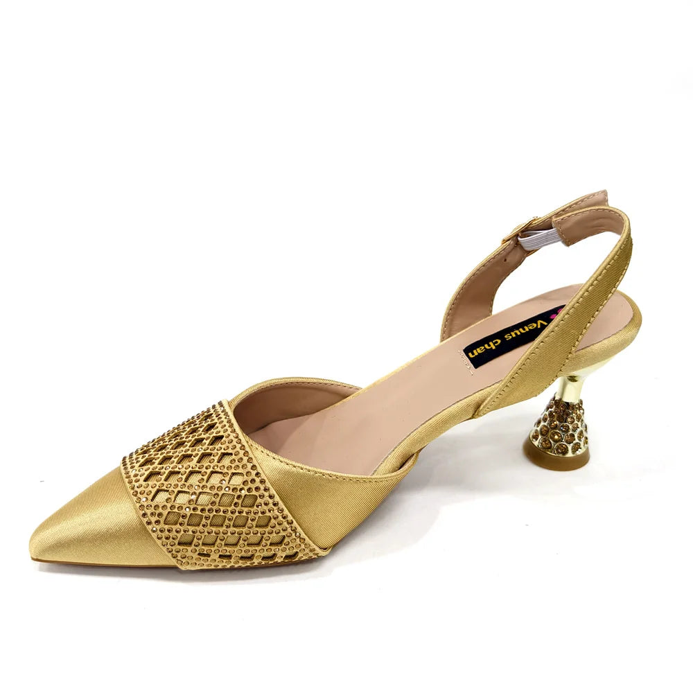 Elegant display of high-heeled shoes with rhinestones, crafted for women's refined taste in formal footwear.