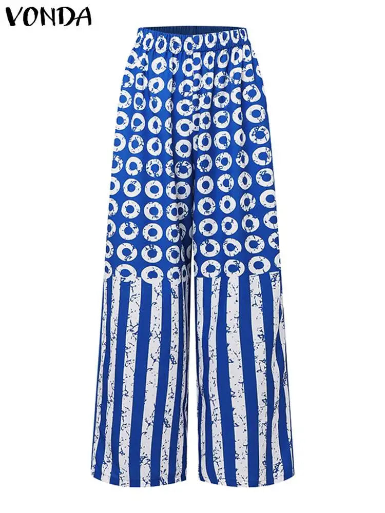 High-end Plus Size 5XL VONDA Women's Fashion Set with a V-Neck Polka Dot Shirt and non-stretch Elastic Pants, ideal for Autumn and Winter seasons.