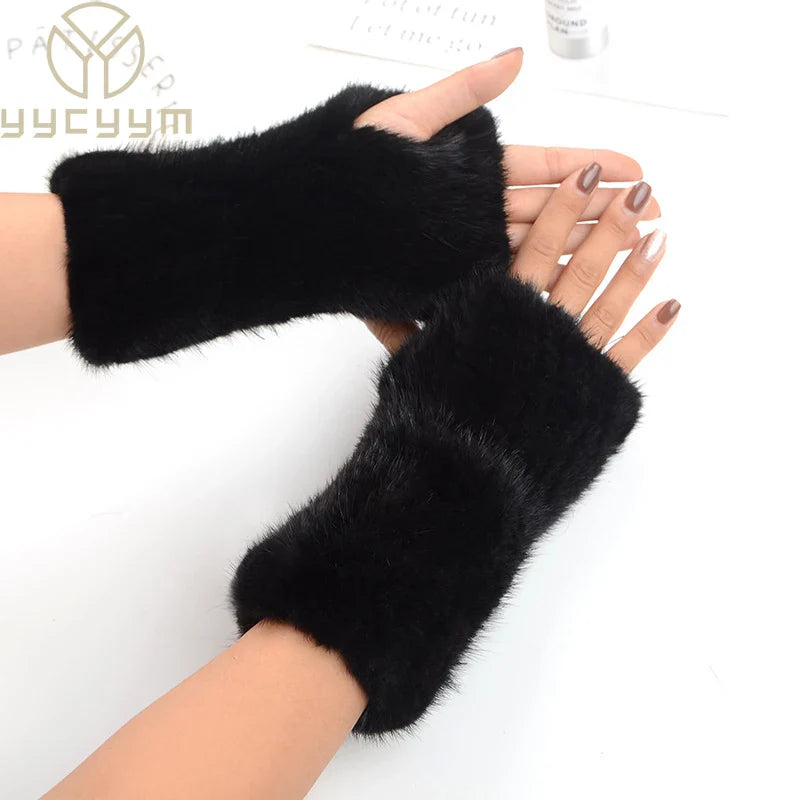 Luxury women's half finger knitted gloves made from 100% real mink fur, perfect for stylish and comfortable typing in winter