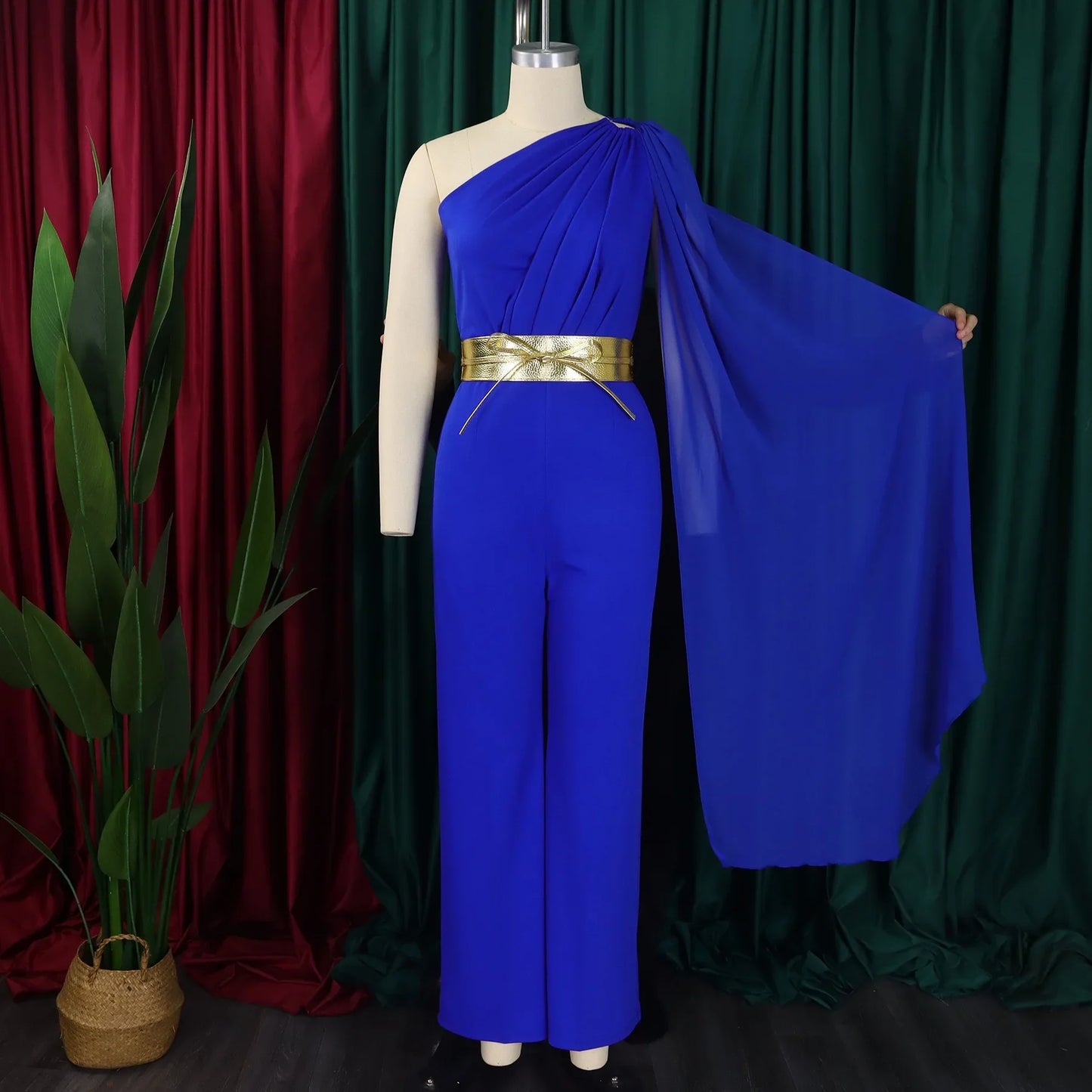 Stylish solid pattern one shoulder jumpsuit for women, showcasing a flattering fit and high waist design, ideal for all season wear.