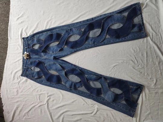 CM.YAYA Women's High Street Wide Leg Flare Jeans showcasing elegant cutout hollow design and flattering regular fit, perfect for sophisticated casual wear.