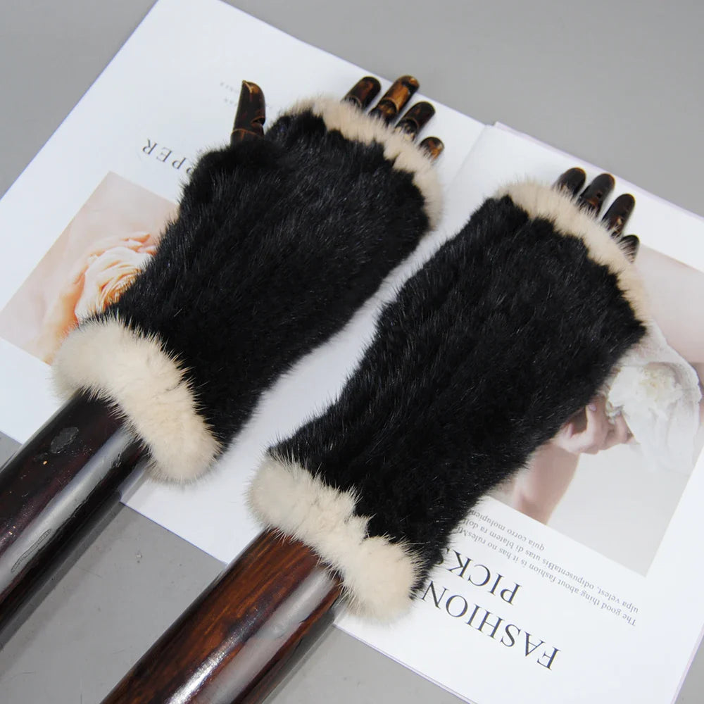 Fashion-forward women's knitted gloves in 100% mink fur, perfect for typing while staying warm and elegant.