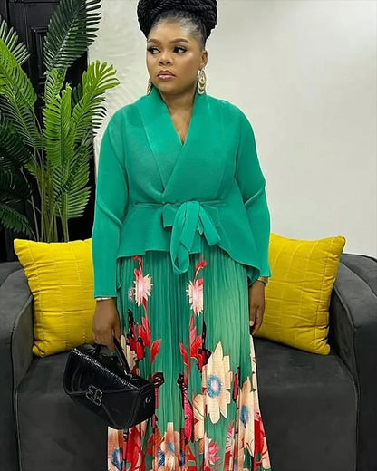 Model showcasing the EGRM Luxury Plus Size 2-Piece Skirt Set in a vibrant autumn setting, demonstrating the draping elegance of the batwing sleeves.