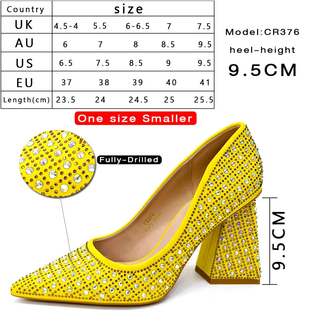 Luxury yellow rhinestone heel party shoes set by Venus Chan, featuring super high spike heels and a sophisticated design for women.