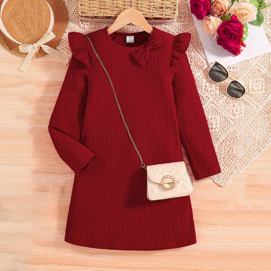 Luxury girl's autumn casual dress in red, featuring a knee-length design, breathable fabric, O-neck, and elegant bow decoration, perfect for ages 7-13, ideal for stylish young girls.