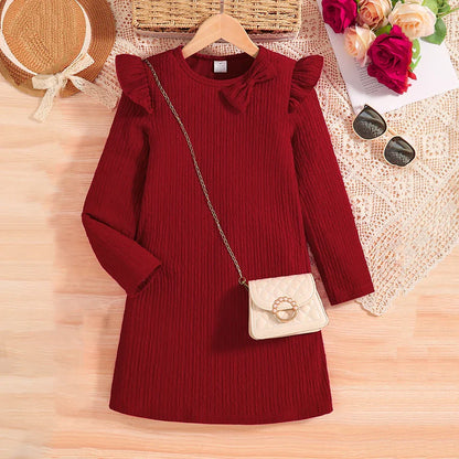 Luxury girl's autumn casual dress in red, featuring a knee-length design, breathable fabric, O-neck, and elegant bow decoration, perfect for ages 7-13, ideal for stylish young girls.