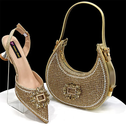 Stylish women's handbag with metal handle, perfectly complementing the elegant party shoes for a cohesive and sophisticated look.