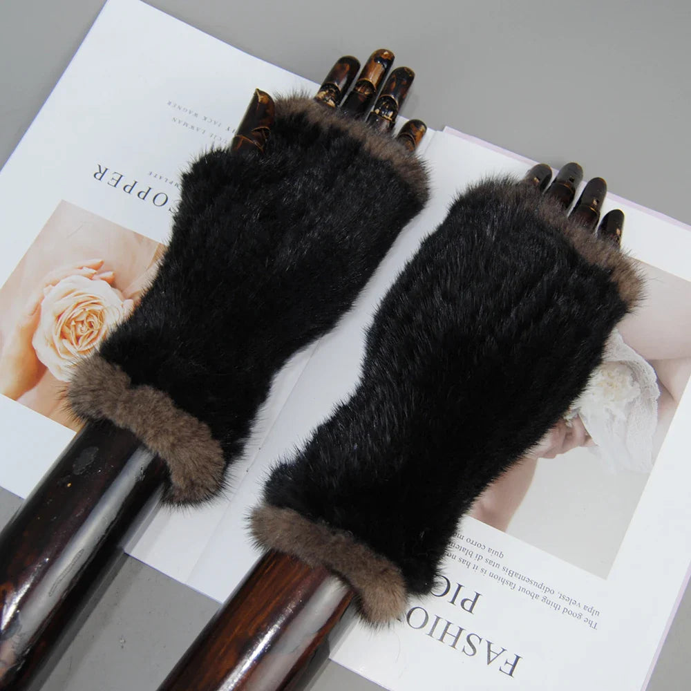 Luxury women's half finger knitted gloves made from 100% real mink fur, perfect for comfortable typing and stylish warmth.