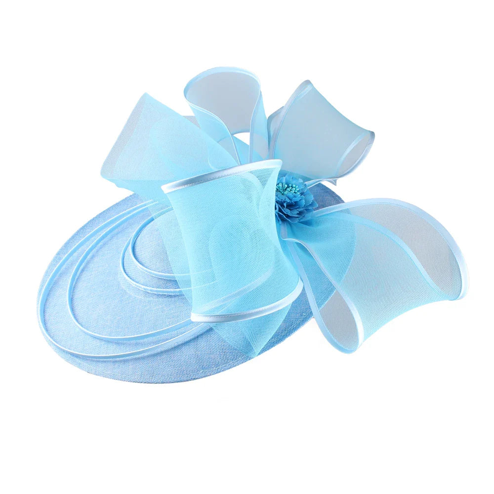 Sophisticated women’s fascinator hat featuring intricate floral motifs, designed for special events such as weddings and garden parties.