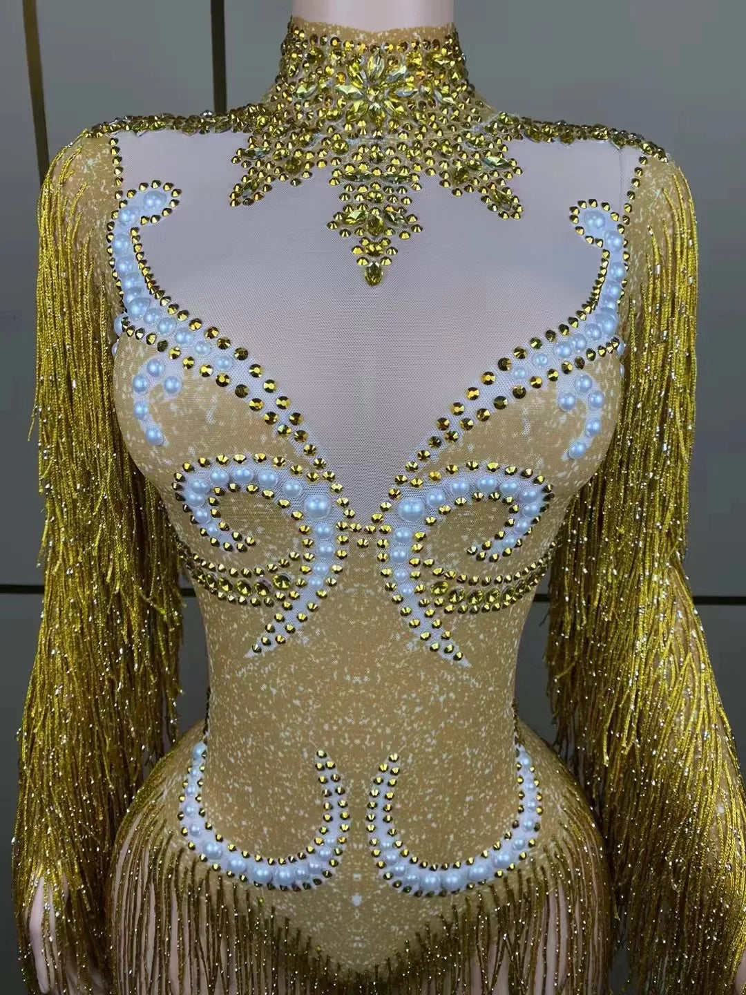 Luxury women's cha-cha dance practice suit featuring a slim stretch skirt with elegant fringe design and exquisite pearl accents.