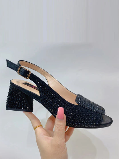 Stylish Bling Gold Peep Toe Mules for women showcasing a high square heel, ideal for office and career wear, exuding sophistication.