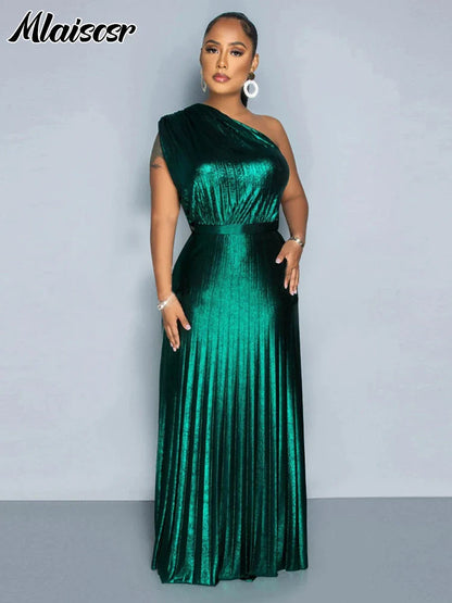 Back view of Women's Metallic Gold One Shoulder Sleeveless Dress, emphasizing sleek silhouette and sophisticated style.