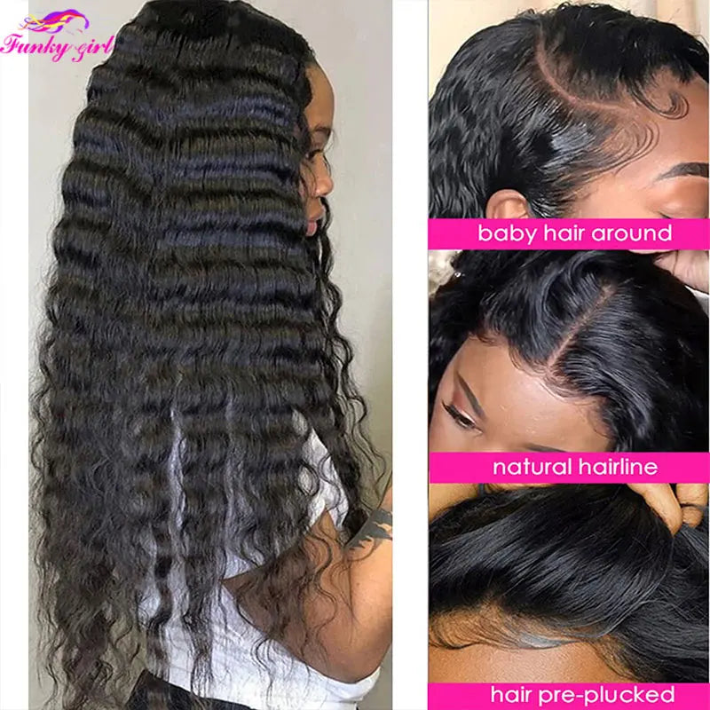 Elegant Brazilian Human Hair Lace Front Wig showcasing deep wave texture, pre-plucked for a natural hairline, designed for a luxurious aesthetic.