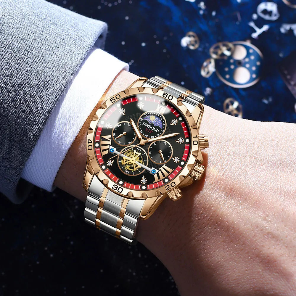 Close-up view of a luxury stainless steel men's quartz watch showcasing the intricate details of its chronograph and Roman numeral display.