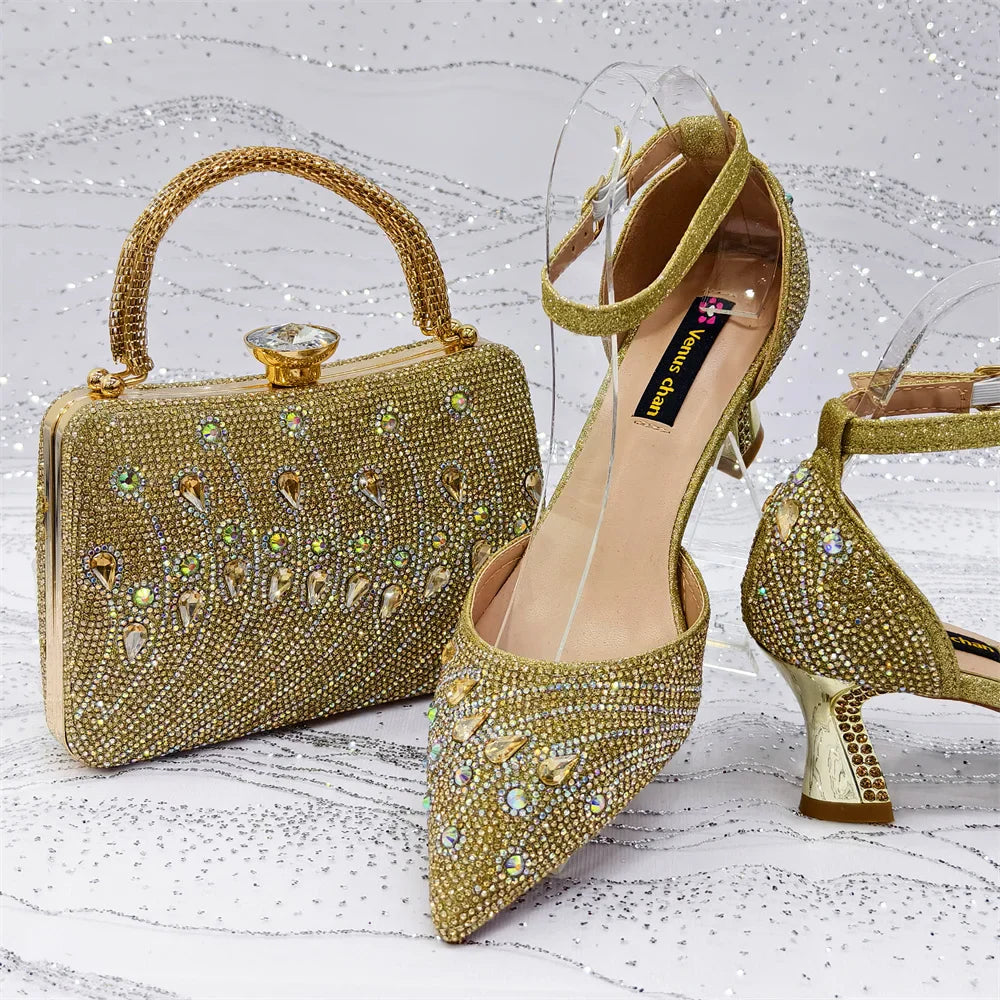 Elegant women's rhinestone pointed toe pumps featuring high spike heels, perfect for summer parties, complemented by a matching bag set in a luxurious design.