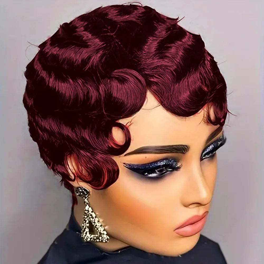 Luxury women's short brown pixie wave wig made from 100% Remy Brazilian human hair, featuring a stylish curly texture for an elegant and sophisticated look.
