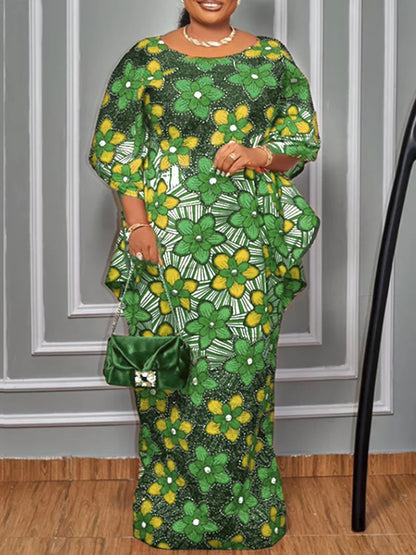 Luxury plus size women's bohemian summer maxi dress featuring elegant batwing sleeves and an ankle-length silhouette.