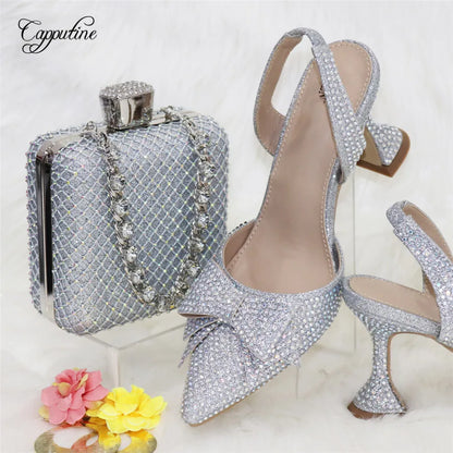 Fashionable flat lay of gold ladies' pumps with an elegant handbag set, showcasing a stylish ensemble perfect for parties and upscale events.