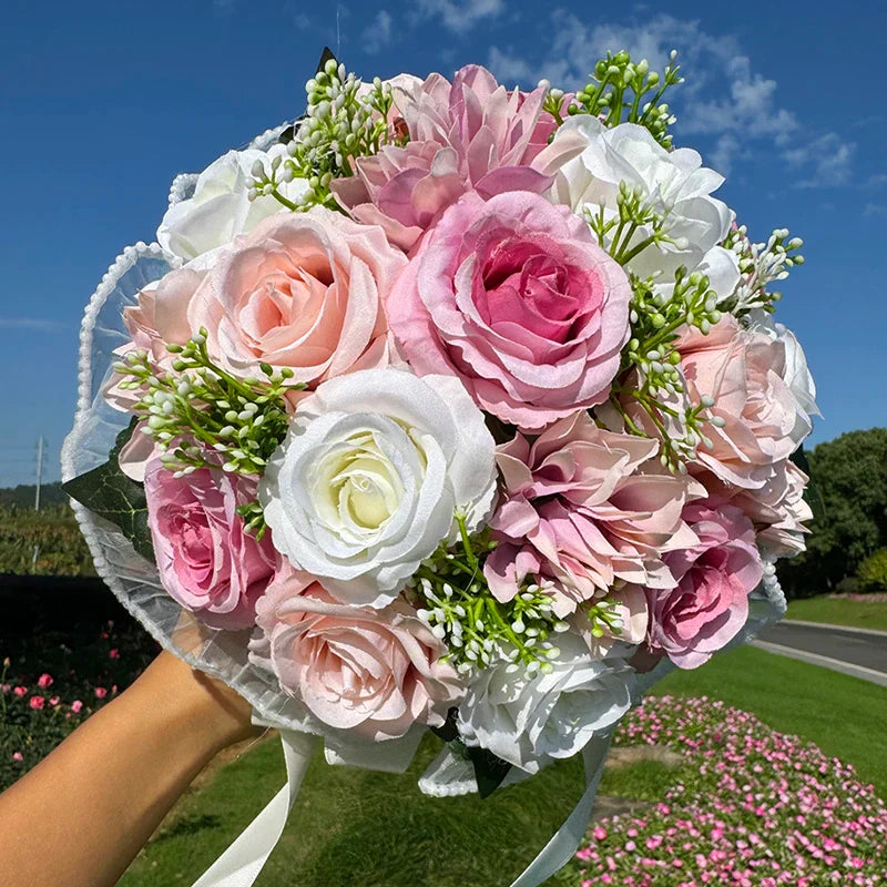 Stunning bridal bouquet made of elegant silk and babysbreath roses, finished with graceful pearl lace, perfect for creating unforgettable wedding memories.