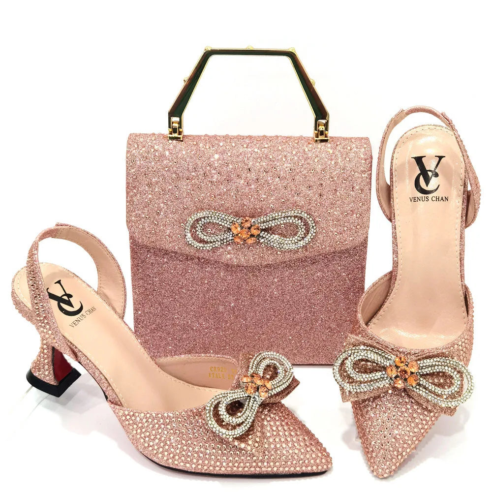 Elegant handbag set to match luxury women's shoes, adorned with rhinestones and designed for high-fashion occasions.