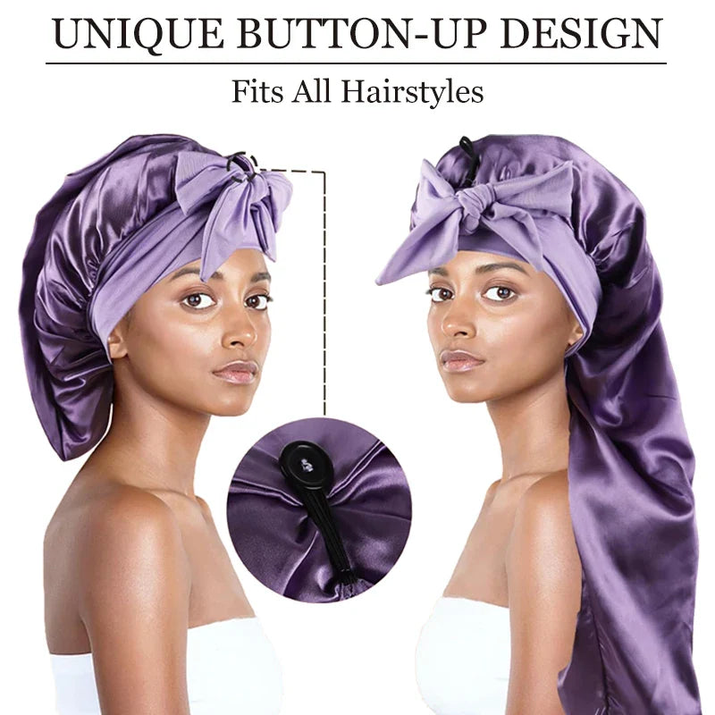 Elegant long satin hair bonnet in various colors, designed for allowing natural curls to thrive while sleeping, blending style and comfort.