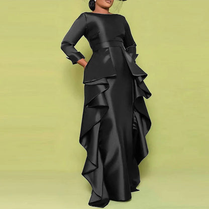 Back view of the elegant VONDA Plus Size Maxi Long Dress, highlighting the loose fit and natural waistline.