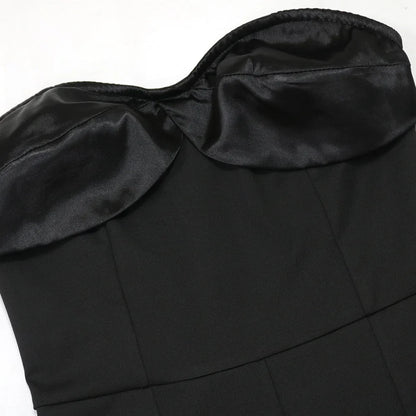 Elegant strapless sleeveless jumpsuit for women, featuring a slim fit, long pant design and exquisite ruffled patchwork detail, ideal for middle-aged fashion-forward individuals.