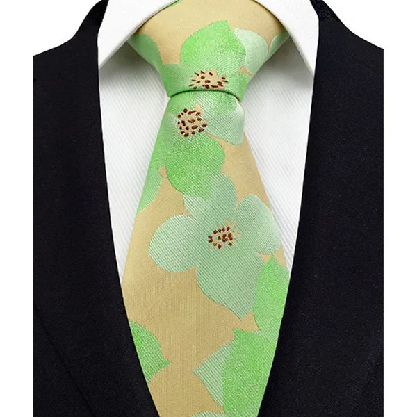 Exquisite 8CM men's neck tie with a luxurious floral design woven in an elegant green and blue striped pattern, crafted for modern gentlemen.