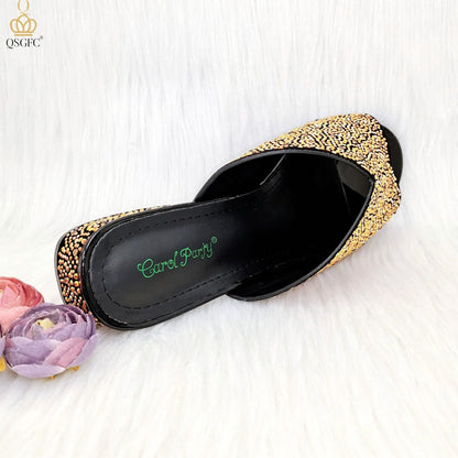 QSGFC women's high heel sandals in gold, featuring a comfortable slip-on design and square heel, blending elegance with modern fashion.