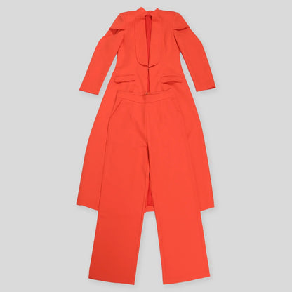 Versatile Women's Blazer Coat and Wide Leg Pants Set, featuring elegant pockets and crafted from premium synthetic fiber, ideal for autumn and winter seasons.