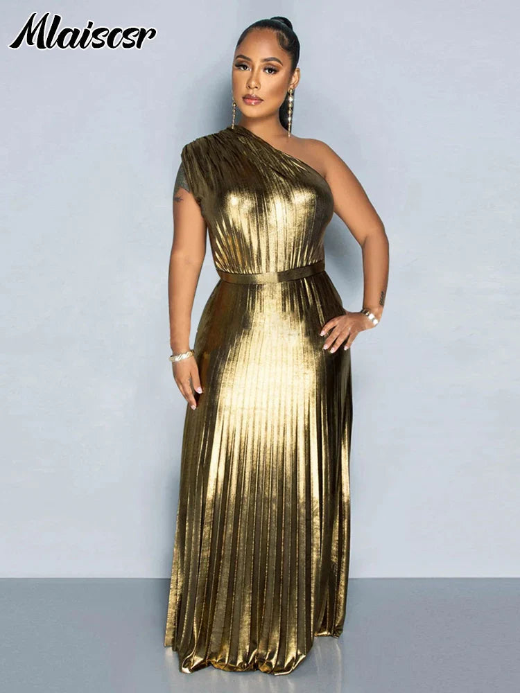 Women's Luxury Metallic Gold One Shoulder Sleeveless Pleated A-Line Long Evening Dress showcasing elegant design and premium fabric.