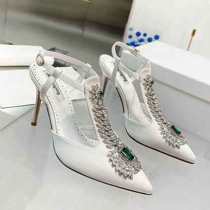 Glamorous pointed toe stiletto heels with exquisite rhinestone detailing, designed for the modern bride.