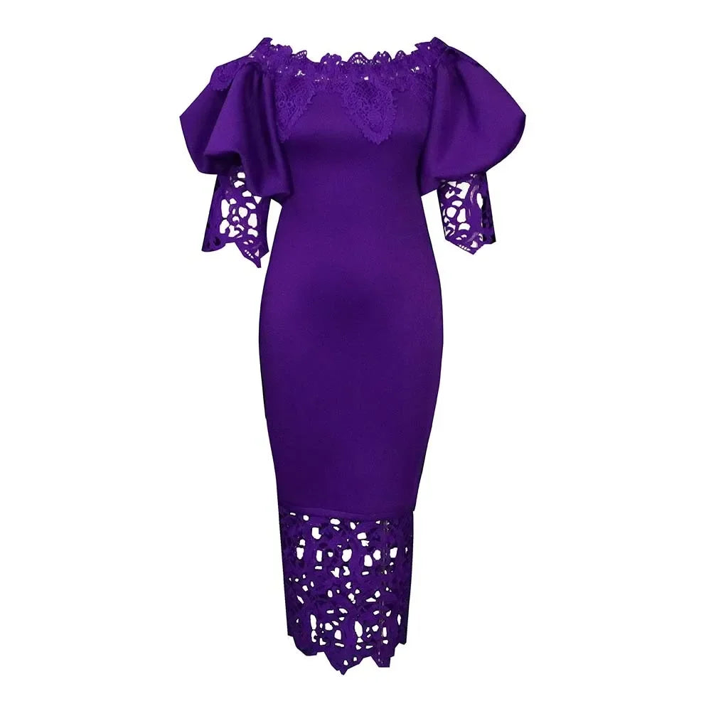 Full-length display of an elegant women's lace midi dress, capturing the essence of sophistication with its tailored fit and stylish silhouette.