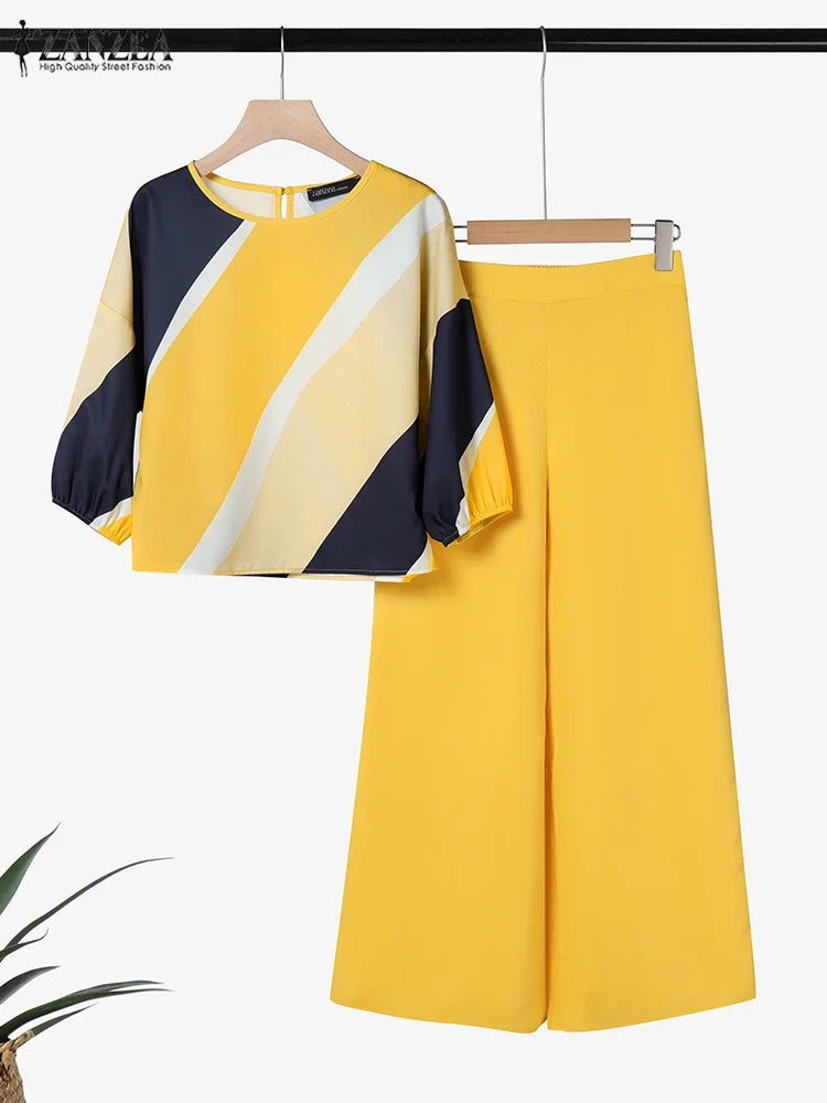 ZANZEA luxury 2-piece summer pant set for women featuring a stylish 3/4 sleeve printed blouse and elegant ankle-length wide leg trousers.