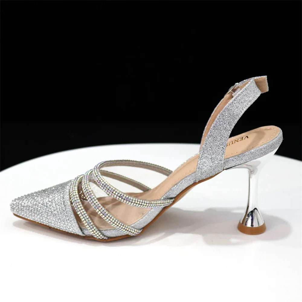 Complete look featuring Venus Chan black heels and matching bag set, a fashionable choice for women attending weddings or parties.