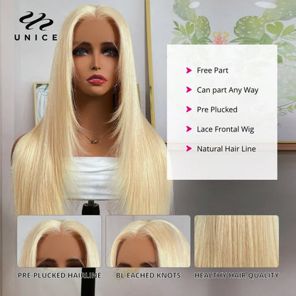 Elegant close-up of the Unice 613 Blonde Straight Lace Wig, highlighting its smooth texture and the quality of Remy Brazilian hair, designed for a natural and glamorous look.