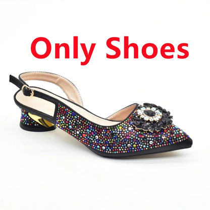 Close-up of Italian women's rhinestone pumps heel, highlighting the stylish buckle strap and luxurious rhinestone embellishments.