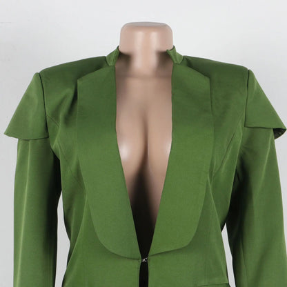 Stylish wide leg pants set paired with a luxurious x-long blazer, perfect for professional environments and modern women's fashion.