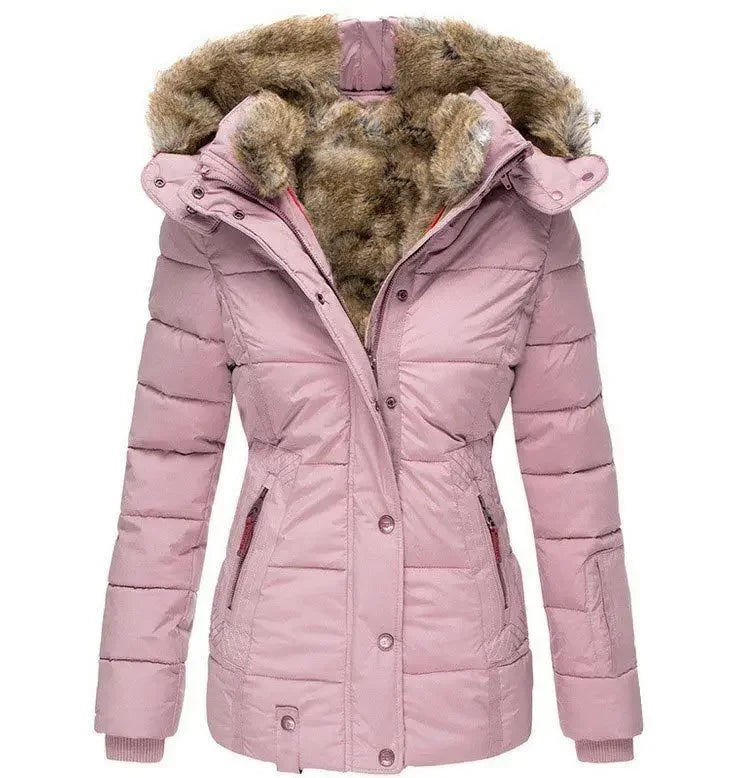 Exquisite women's cotton coat for autumn winter, showcasing a refined design with a zip closure, hood, and plush wool collar, ideal for a fashionable office lady.