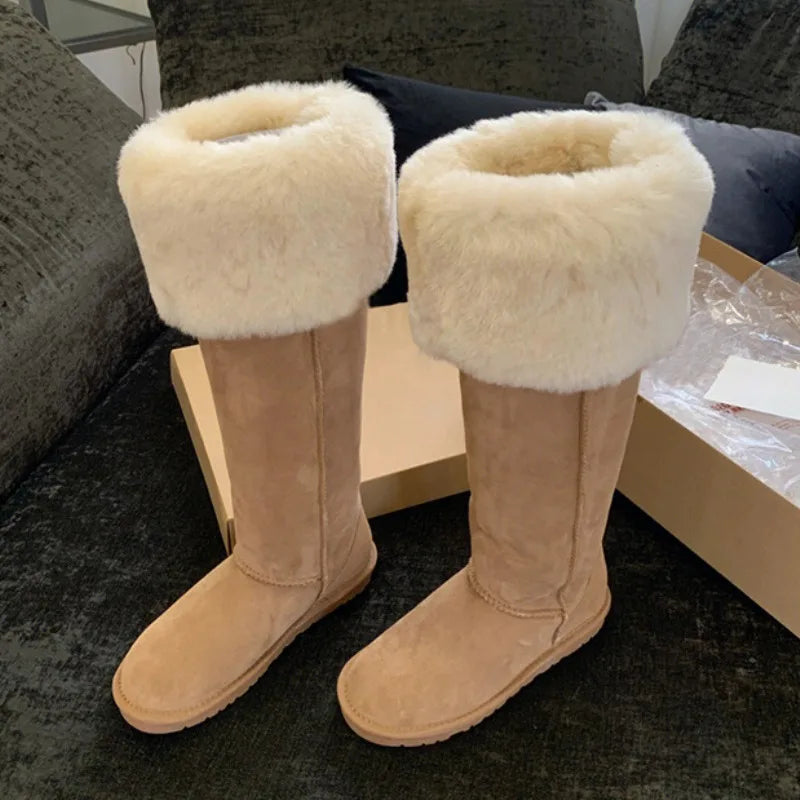 Chic slip-on women's snow boots, showcasing a sophisticated blend of luxurious fur lining and robust EVA insoles, perfect for fashionable cold weather wear.