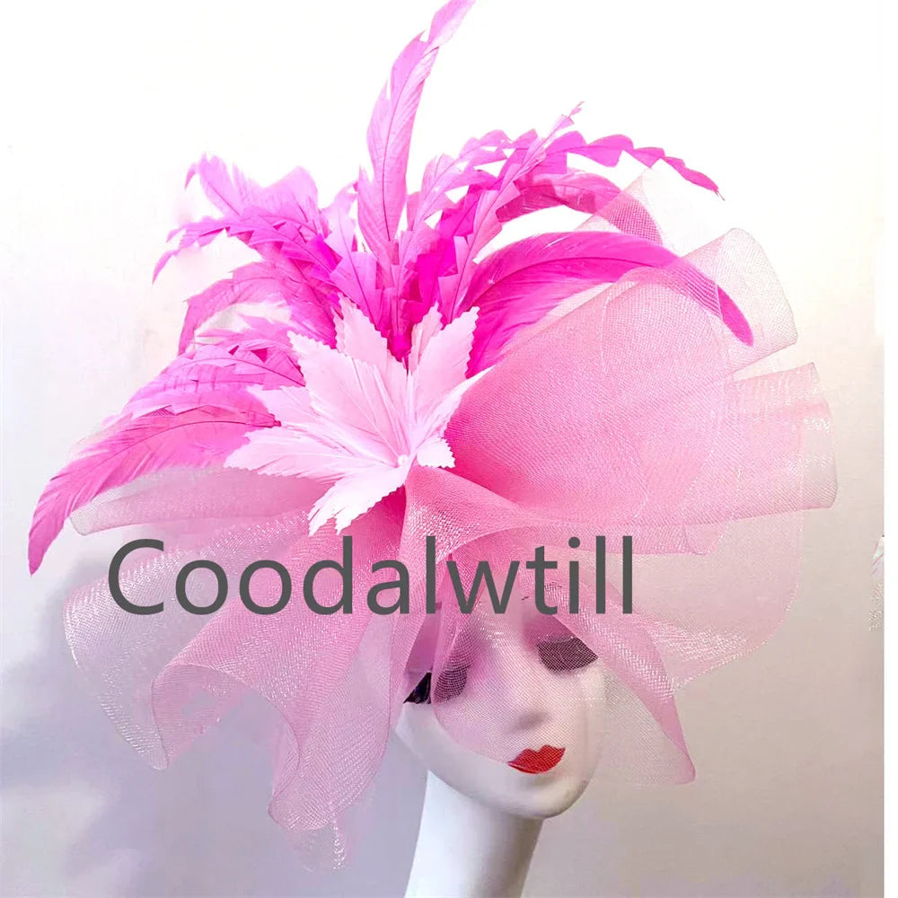 Stylish women's fascinator pillbox cap adorned with feathers, ideal for formal events like weddings and the Kentucky Derby, crafted from luxurious polyester.