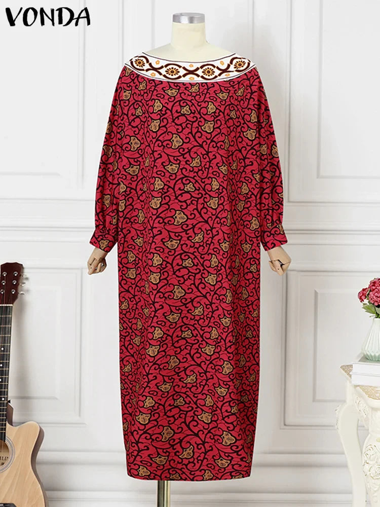 Chic ankle-length bohemian-style maxi dress for women with a stylish O-neckline and full-length batwing sleeves, perfect for various occasions.