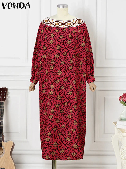 Chic ankle-length bohemian-style maxi dress for women with a stylish O-neckline and full-length batwing sleeves, perfect for various occasions.