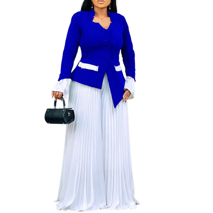 Detail of the V-neck collar and flare sleeves of the CM.YAYA blazer shirt set, highlighting the luxurious fabric and tailored fit.