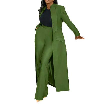 Elegant women's X-long blazer coat in a solid colour, showcasing a sophisticated office lady style with full sleeves and a chic notched collar.