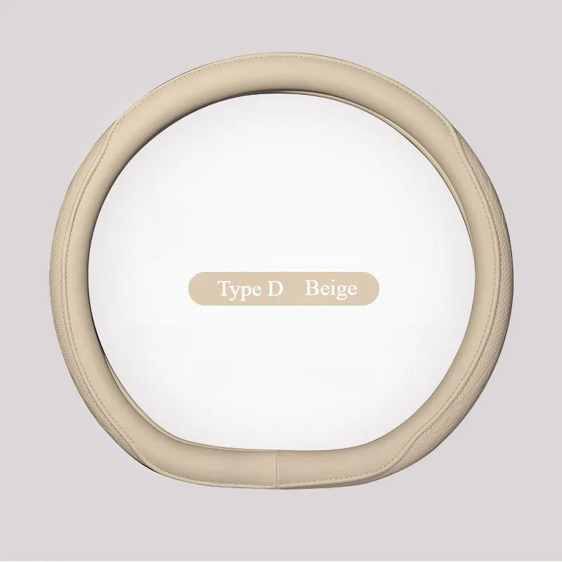 Close-up of the breathable non-slip Napa leather steering wheel cover, highlighting premium interior automotive accessory details.