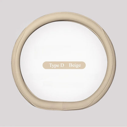 Close-up of the breathable non-slip Napa leather steering wheel cover, highlighting premium interior automotive accessory details.