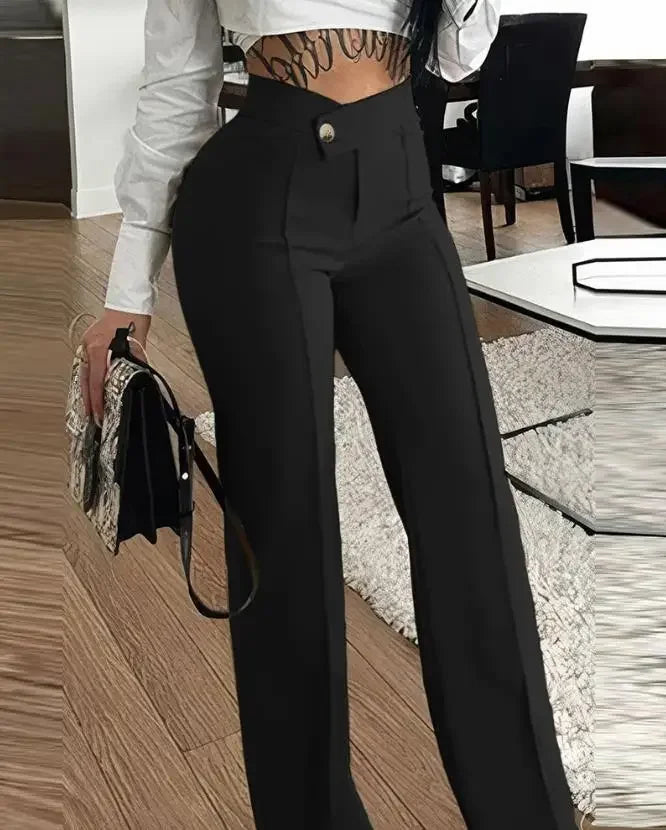 Elegant close-up of women's wide-leg trousers showcasing exquisite button detailing and premium quality polyester material, ideal for both office and casual settings.
