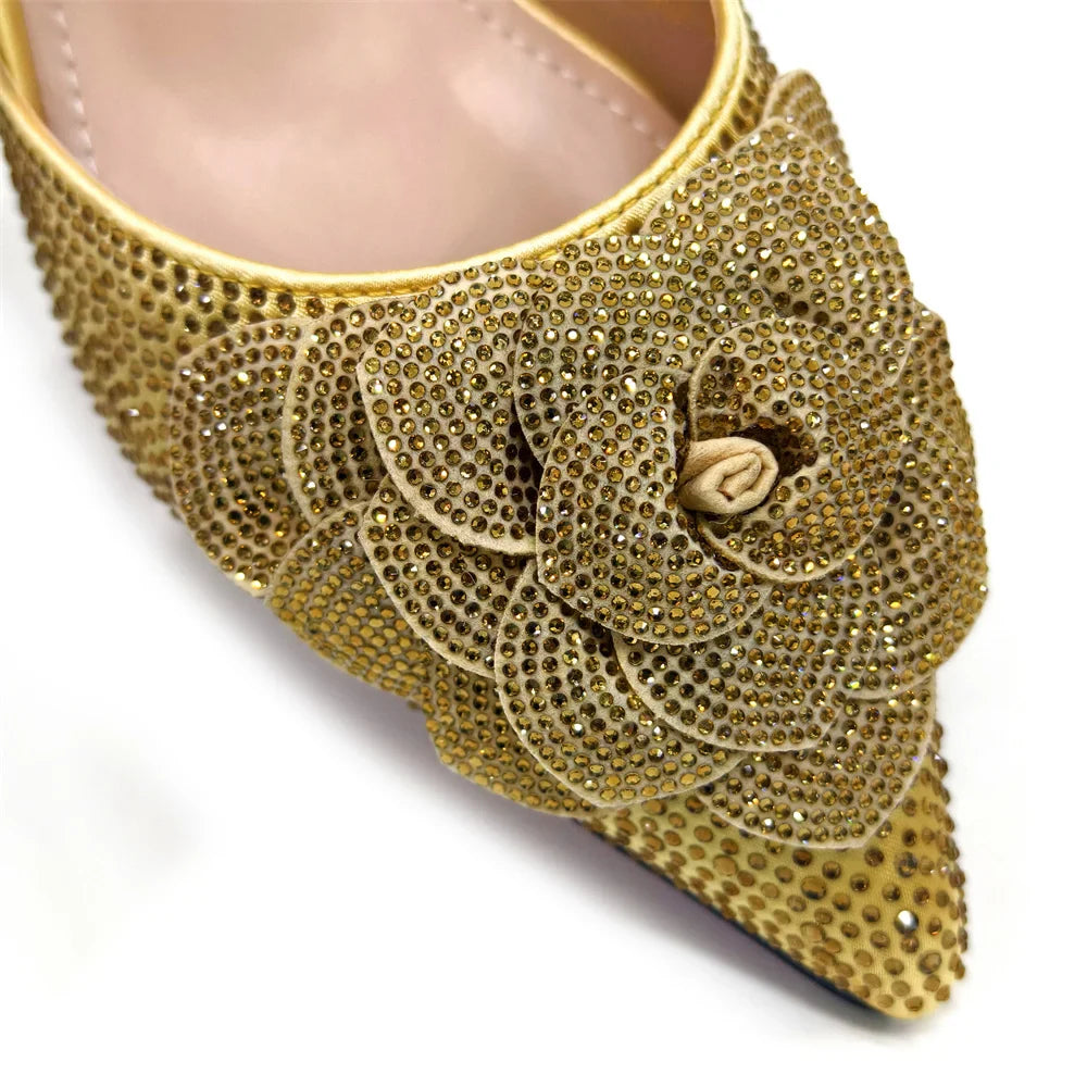 Full ensemble of women's luxe pump and bag set, emphasising elegant pointed toes and luxurious embellishments ideal for celebrations.